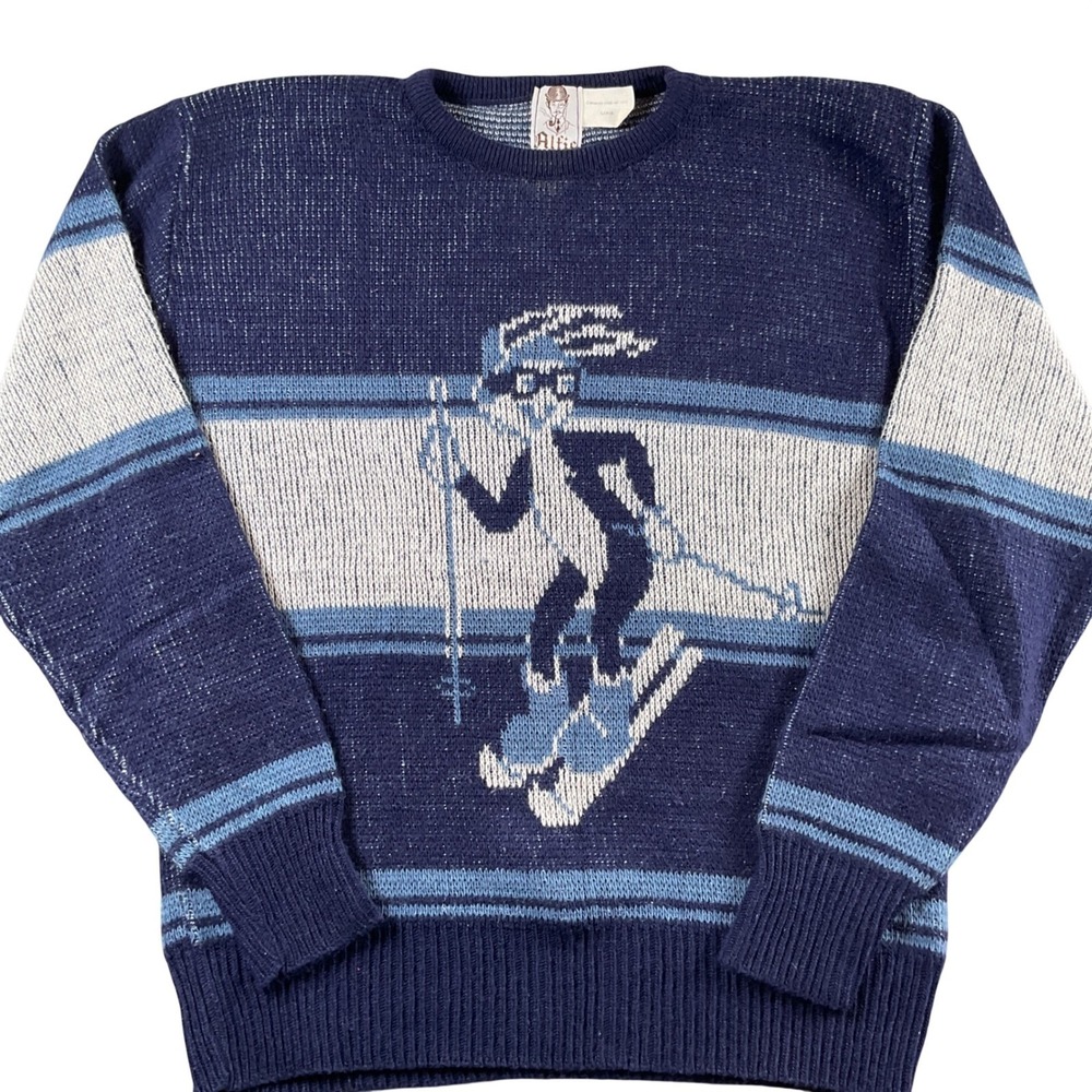 Alfie Skiing Graphic Sweater‎ Blue White Large Vintage 1970s Warner Bros.